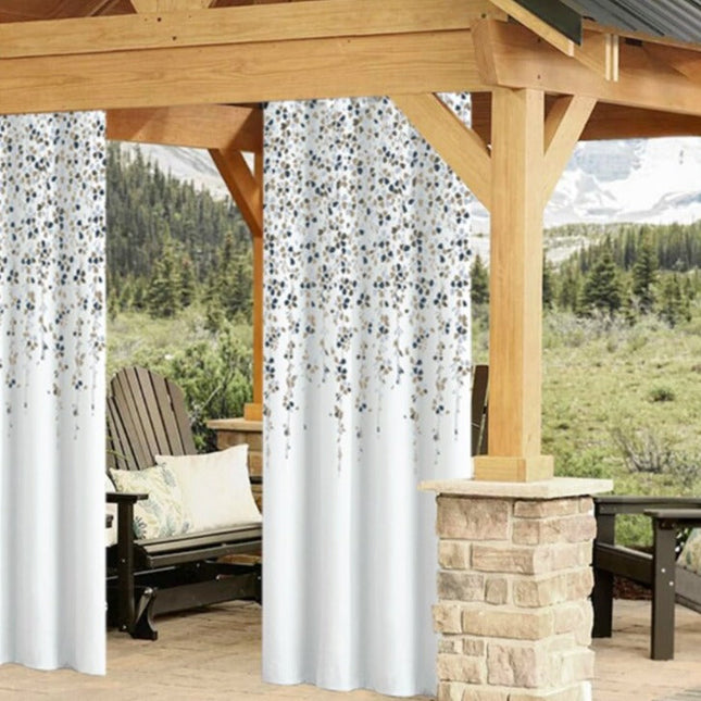 Utendørs gardin med blått blomstermotiv