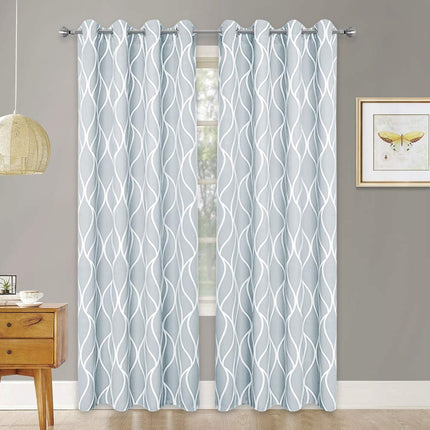Lysegrå mørkleggingsgardin med hvitt bølgemotiv