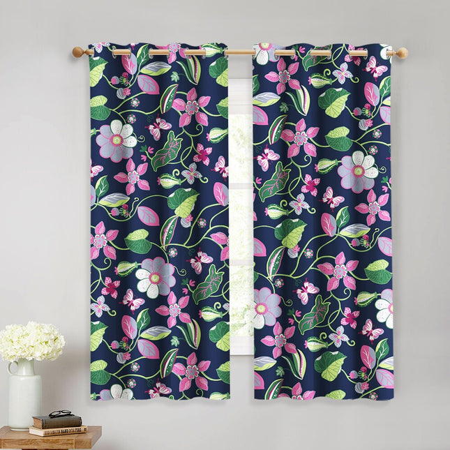Mørkeblå gardin Odda med blomstermotiv