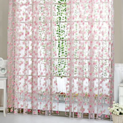 Tynn gardin med lyseblått blomstermotiv