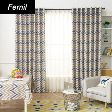 Lystett gardin med sikksakkmønster i oker