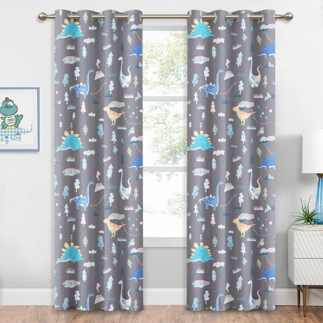 Grå mørkleggingsgardin med dinosaurmønster barnerom