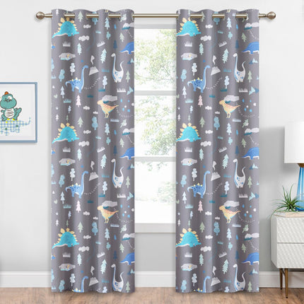 Grå mørkleggingsgardin med dinosaurmønster barnerom