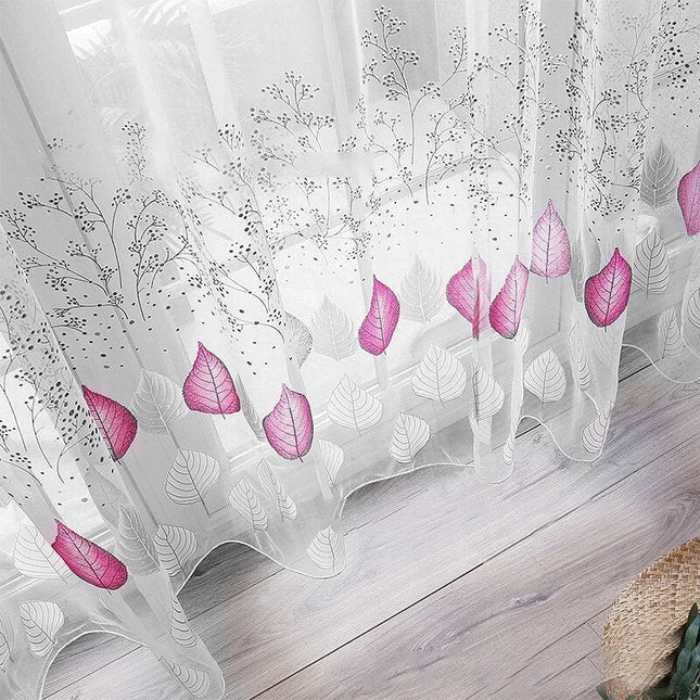 Tynn grålilla gardin med bladmønster