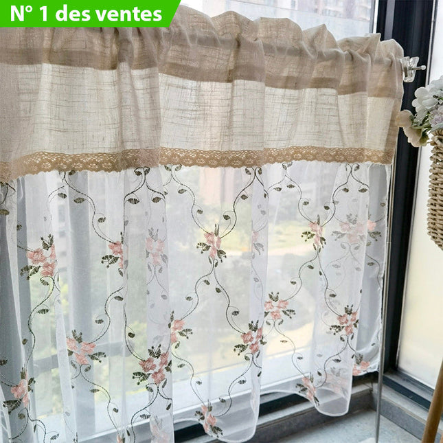 Landlig kjøkkengardin med blomsterbroderi