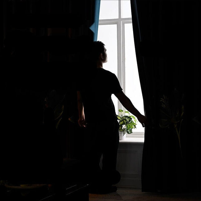 Grå mørkleggingsgardin med gyllent motiv