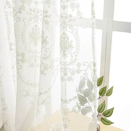 Tynn gardin med beige damaskmønster