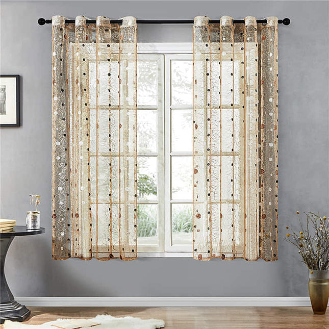 Tynn gardin med brunt fugleredemønster